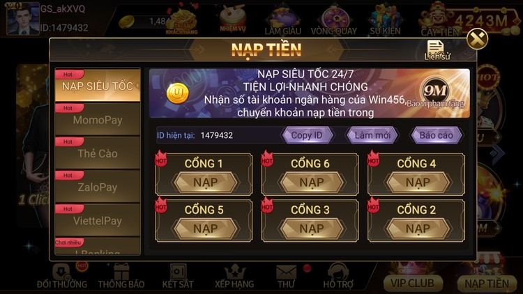 Đa dạng kênh nạp tiền Win456